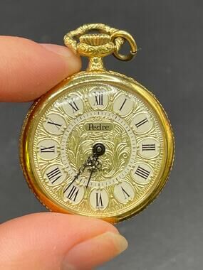 Vintage Pedre 17 Jewels 12K Gold Filled Pocket Watch 1.18" Fleur-de-lis Enamel